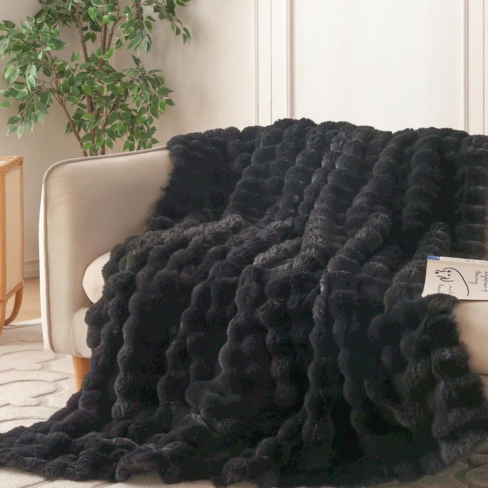 🆕 NEW Faux Rabbit Fur Throw Luxury Blanket solid Black Whimsigoth Modern Classic